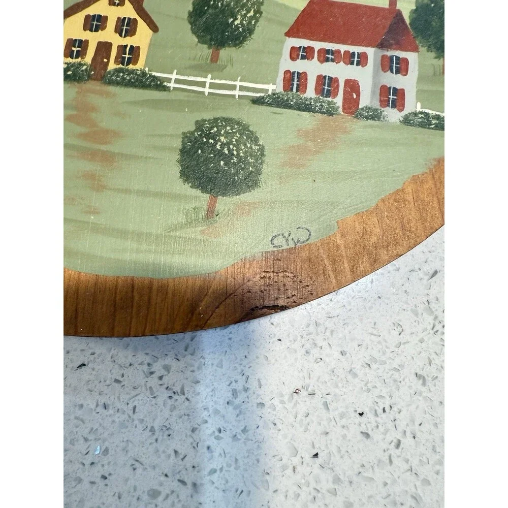 VTG Wood Hand Painted Bread Cutting Board Houses Farmhouse Grammacore Farm